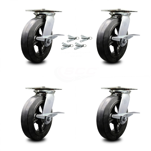 8 Inch Rubber on Steel Caster Set with Roller Bearings and Brakes/Swivel Locks